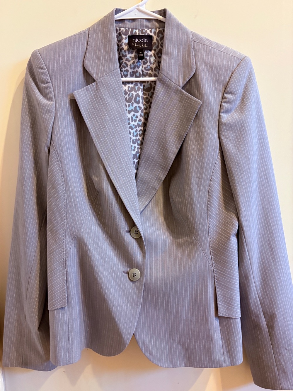 Nicole Light Gray Pinstripe Women's Blazer with Leopard Lining